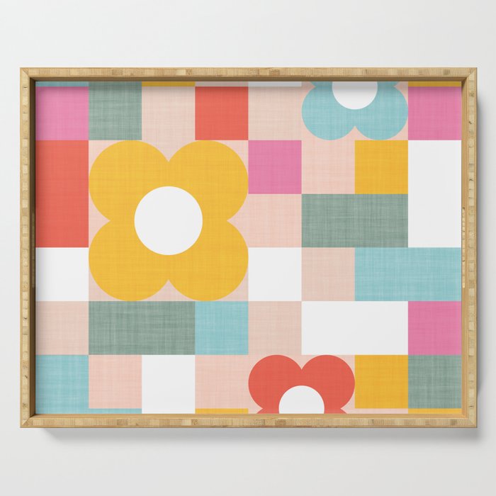 Retro Flowers on playful checks Serving Tray Gallery Image 1