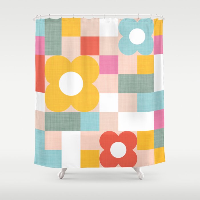 Retro Flowers on playful checks Shower Curtain Gallery Image 1