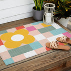 Retro Flowers on playful checks Outdoor Rug Gallery Image 2