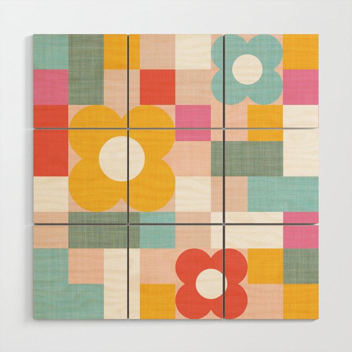 Retro Flowers on playful checks Wood Wall Art Gallery Image 1
