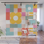 Retro Flowers on playful checks Wall Mural Gallery Image 1