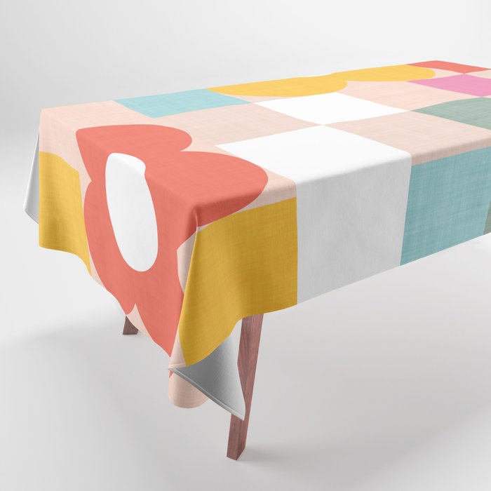 Retro Flowers on playful checks Tablecloth Gallery Image 1