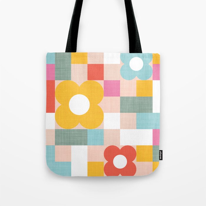 Retro Flowers on playful checks Tote Bag Gallery Image 1