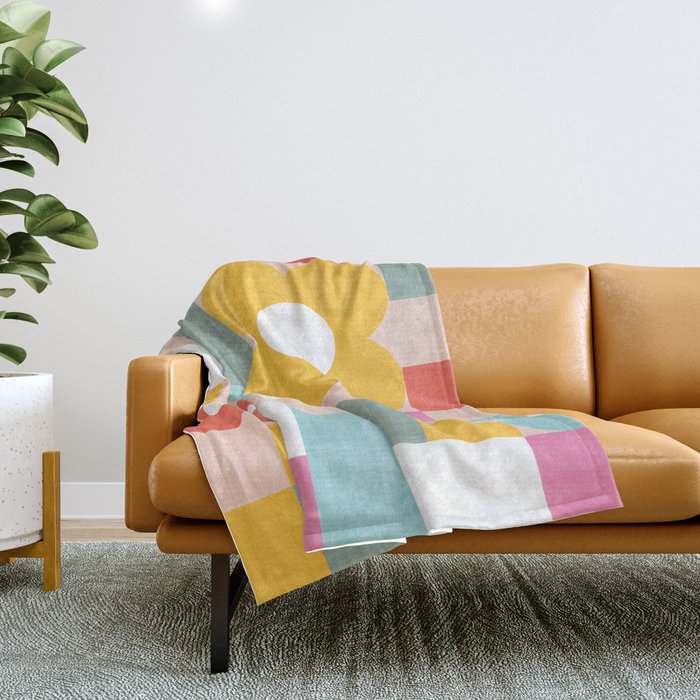 Retro Flowers on playful checks Throw Blanket Gallery Image 1