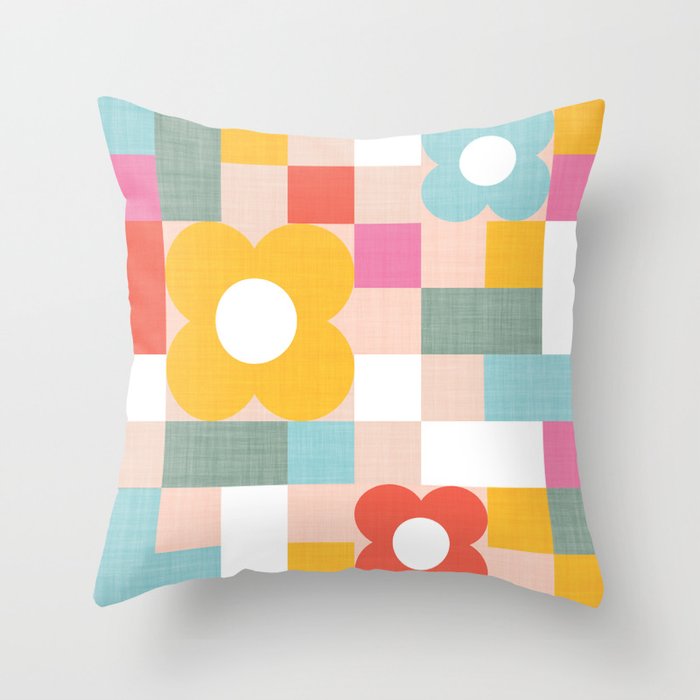 Retro Flowers on playful checks Throw Pillow Gallery Image 6