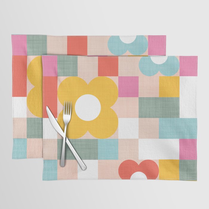 Retro Flowers on playful checks Placemat Gallery Image 1