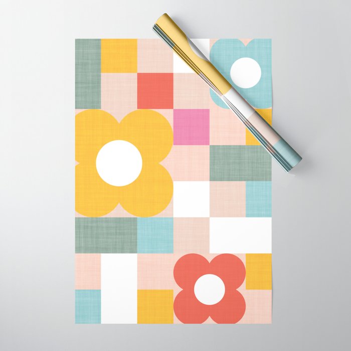 Retro Flowers on playful checks Wrapping Paper Gallery Image 1