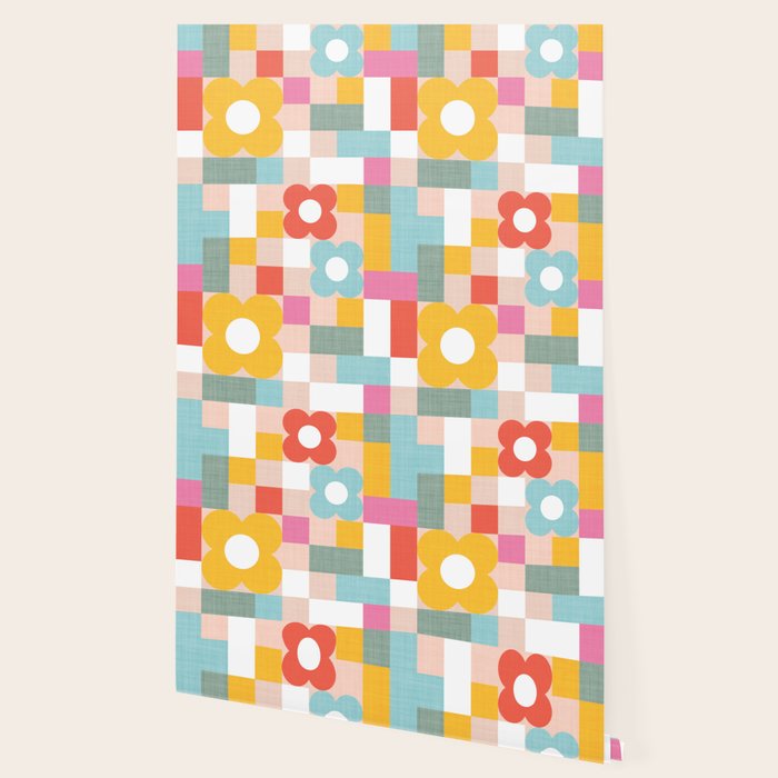 Retro Flowers on playful checks Wallpaper Gallery Image 2