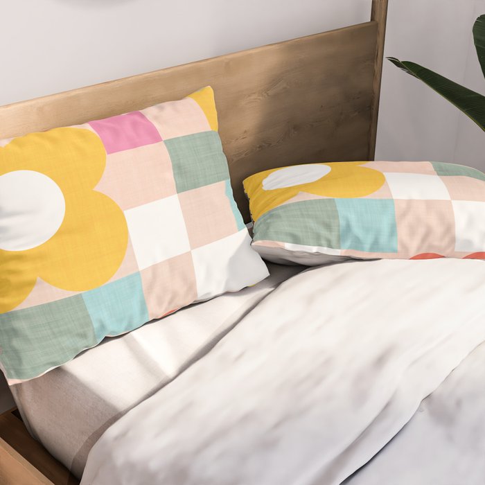 Retro Flowers on playful checks Pillow Sham Gallery Image 2
