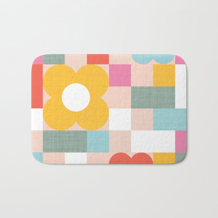 Retro Flowers on playful checks Bath Mat Gallery Image 1