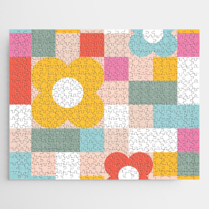 Retro Flowers on playful checks Jigsaw Puzzle Gallery Image 1