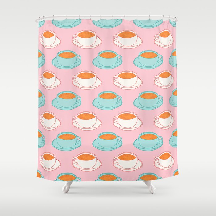 Colorful retro coffee cup art pattern Shower Curtain Gallery Image 1