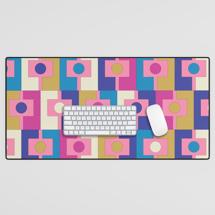 Retro Modern Geometric Rektangel Pattern Blue and Pink Desk Mat Gallery Image 1