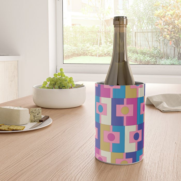 Retro Modern Geometric Rektangel Pattern Blue and Pink Wine Chiller Gallery Image 4