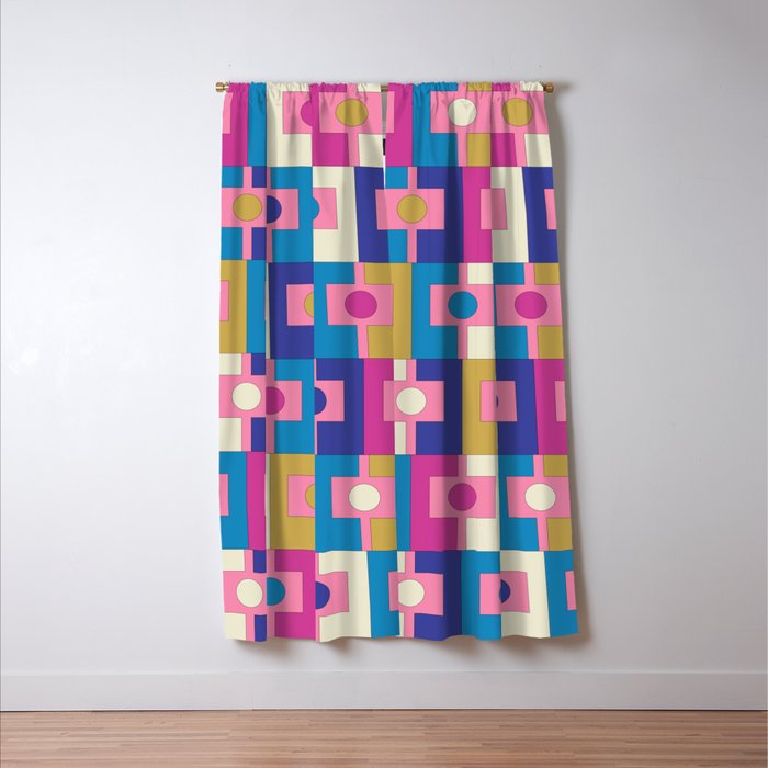 Retro Modern Geometric Rektangel Pattern Blue and Pink Window Curtain Gallery Image 3