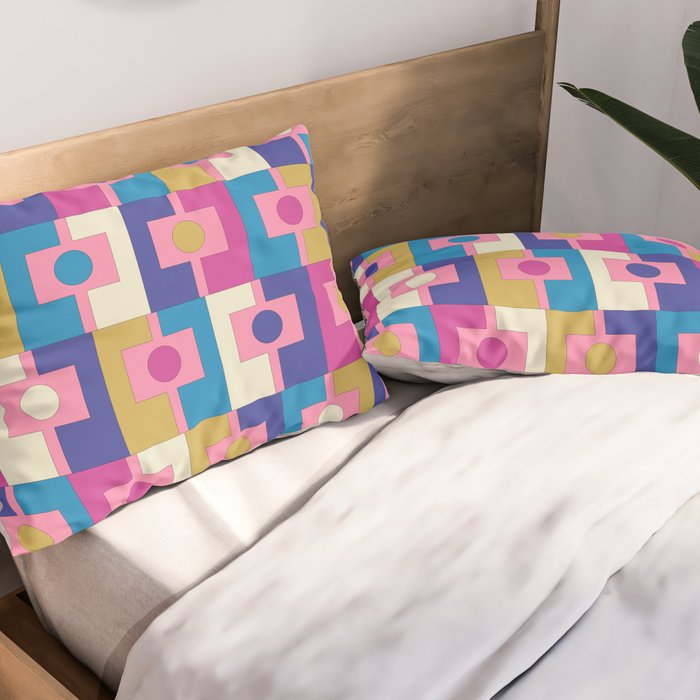 Retro Modern Geometric Rektangel Pattern Blue and Pink Pillow Sham Gallery Image 2