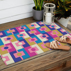 Retro Modern Geometric Rektangel Pattern Blue and Pink Outdoor Rug Gallery Image 2