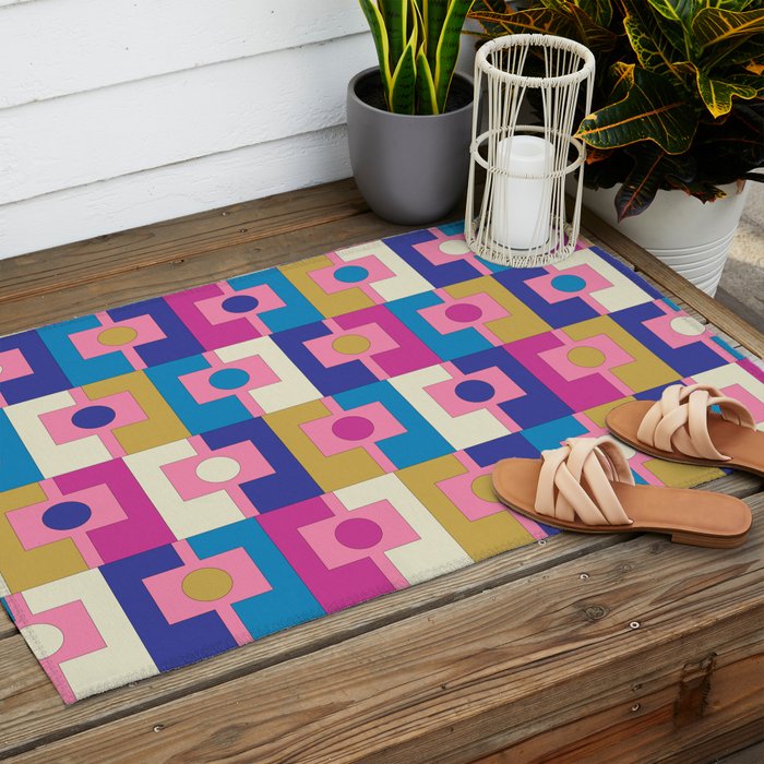 Retro Modern Geometric Rektangel Pattern Blue and Pink Outdoor Rug Gallery Image 2