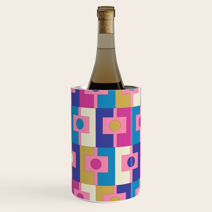 Retro Modern Geometric Rektangel Pattern Blue and Pink Wine Chiller Gallery Image 1