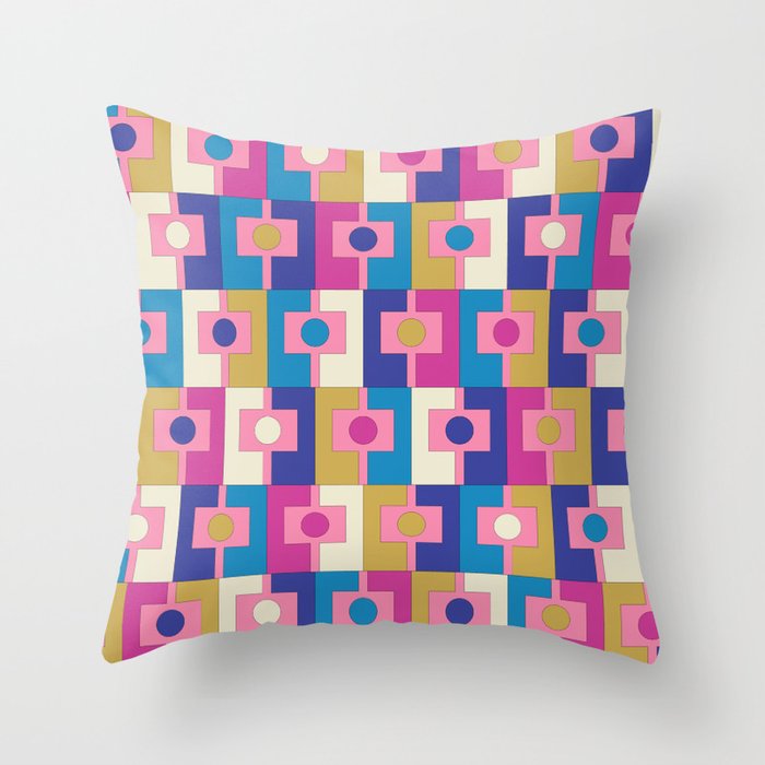 Retro Modern Geometric Rektangel Pattern Blue and Pink Throw Pillow Gallery Image 6