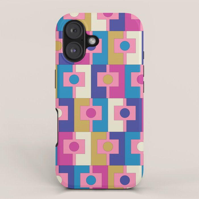 Retro Modern Geometric Rektangel Pattern Blue and Pink iPhone Case Gallery Image 1