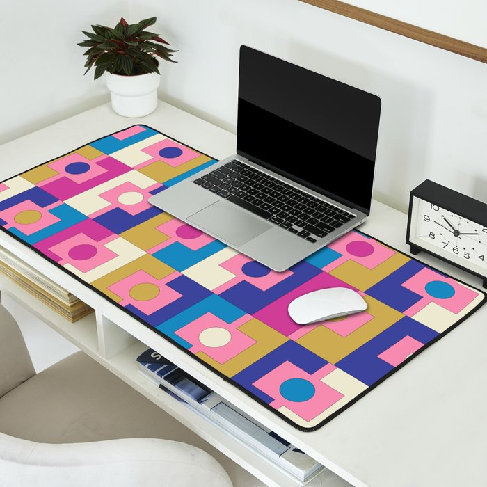Retro Modern Geometric Rektangel Pattern Blue and Pink Desk Mat Gallery Image 2