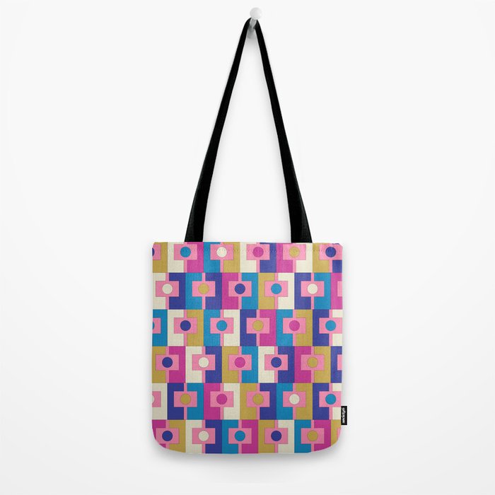 Retro Modern Geometric Rektangel Pattern Blue and Pink Tote Bag Gallery Image 2