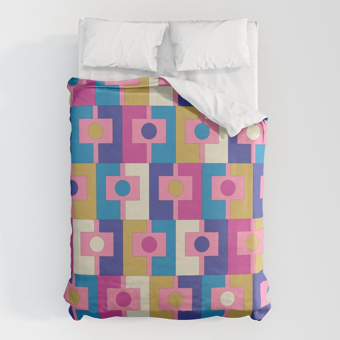 Retro Modern Geometric Rektangel Pattern Blue and Pink Duvet Cover Gallery Image 6