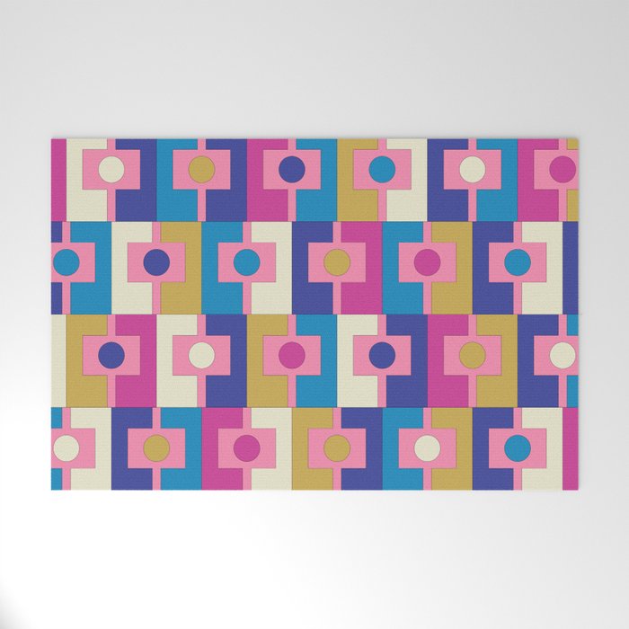 Retro Modern Geometric Rektangel Pattern Blue and Pink Welcome Mat Gallery Image 1