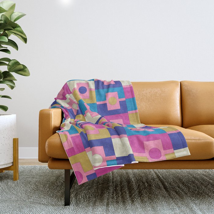 Retro Modern Geometric Rektangel Pattern Blue and Pink Throw Blanket Gallery Image 1