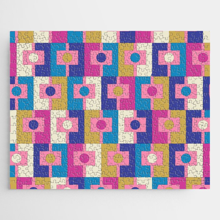Retro Modern Geometric Rektangel Pattern Blue and Pink Jigsaw Puzzle Gallery Image 1