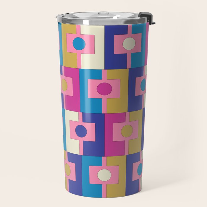 Retro Modern Geometric Rektangel Pattern Blue and Pink Travel Mug Gallery Image 2