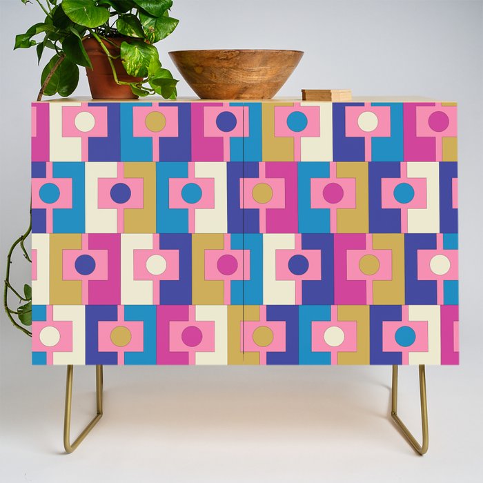Retro Modern Geometric Rektangel Pattern Blue and Pink Credenza Gallery Image 1