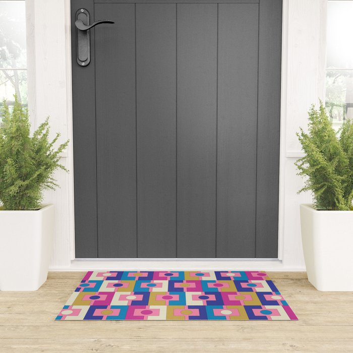 Retro Modern Geometric Rektangel Pattern Blue and Pink Welcome Mat Gallery Image 3