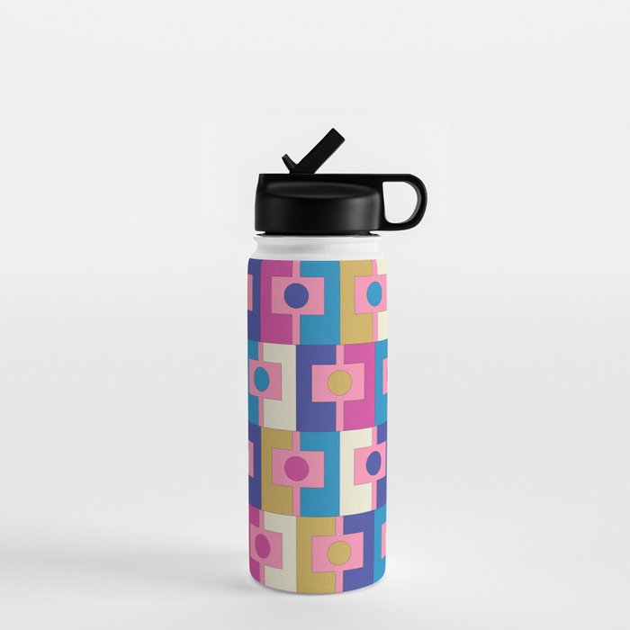 Retro Modern Geometric Rektangel Pattern Blue and Pink Water Bottle Gallery Image 1