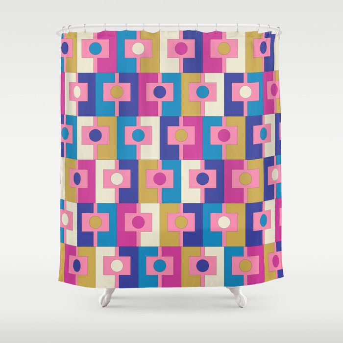 Retro Modern Geometric Rektangel Pattern Blue and Pink Shower Curtain Gallery Image 1