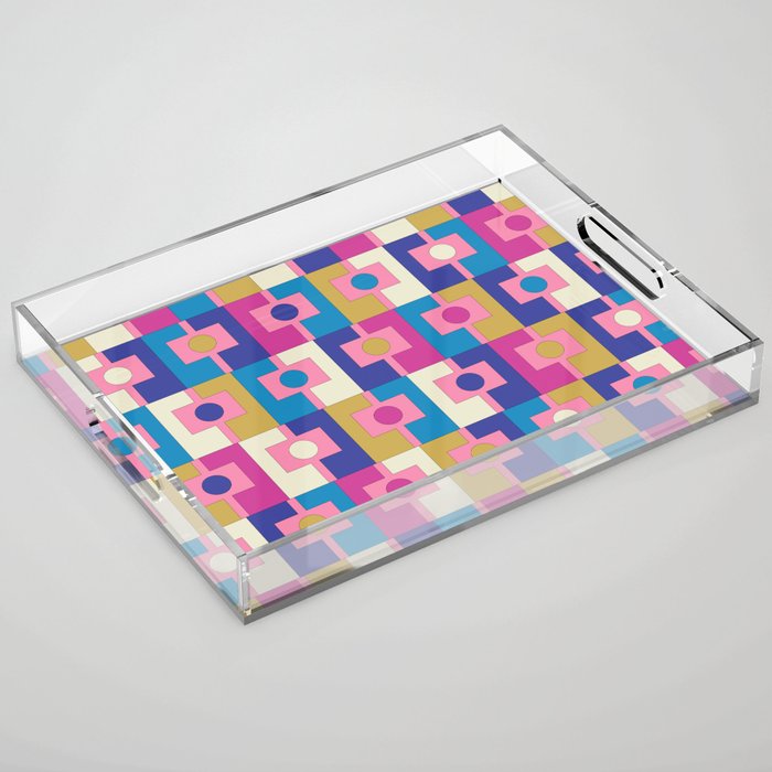 Retro Modern Geometric Rektangel Pattern Blue and Pink Acrylic Tray Gallery Image 1