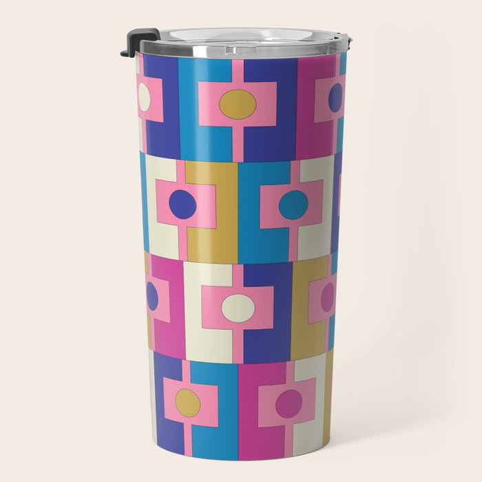 Retro Modern Geometric Rektangel Pattern Blue and Pink Travel Mug Gallery Image 3