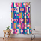 Retro Modern Geometric Rektangel Pattern Blue and Pink Window Curtain Gallery Image 5