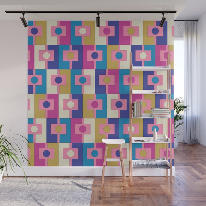 Retro Modern Geometric Rektangel Pattern Blue and Pink Wall Mural Gallery Image 1