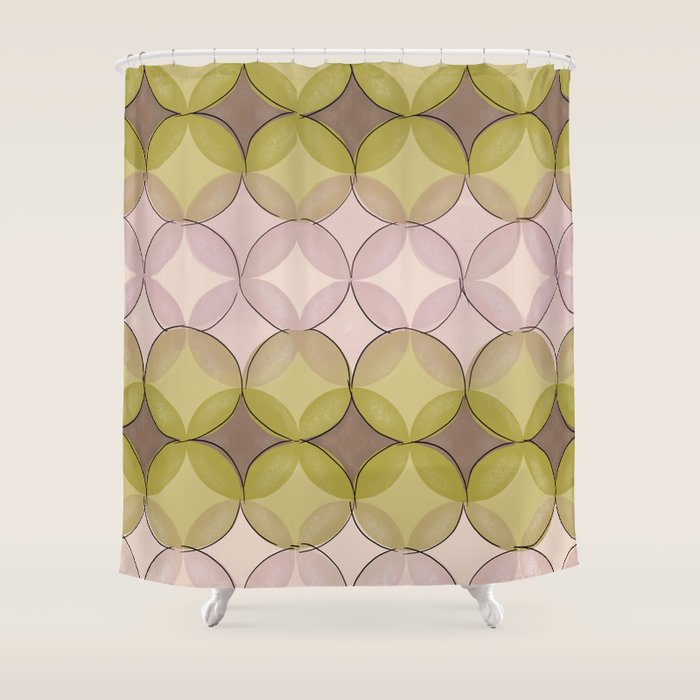 Nuanced echoing circles tell a story in a painterly way with soft muted hues Shower Curtain Gallery Image 1