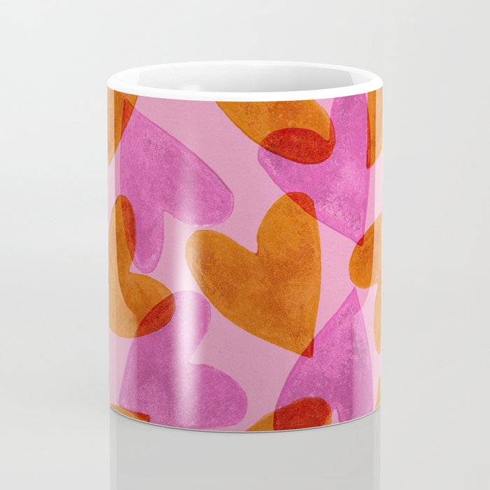 Linocut Hearts / Pink & Orange Coffee Mug Gallery Image 4