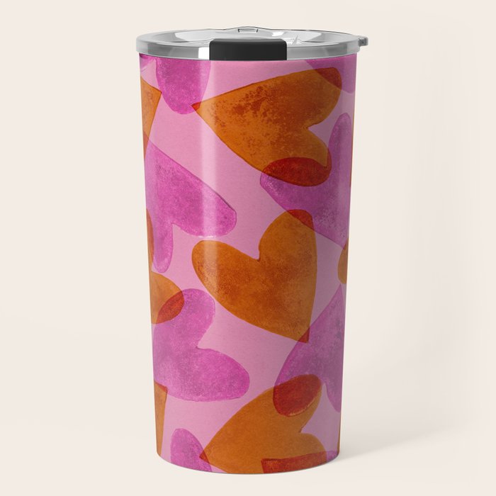 Linocut Hearts / Pink & Orange Travel Mug Gallery Image 1