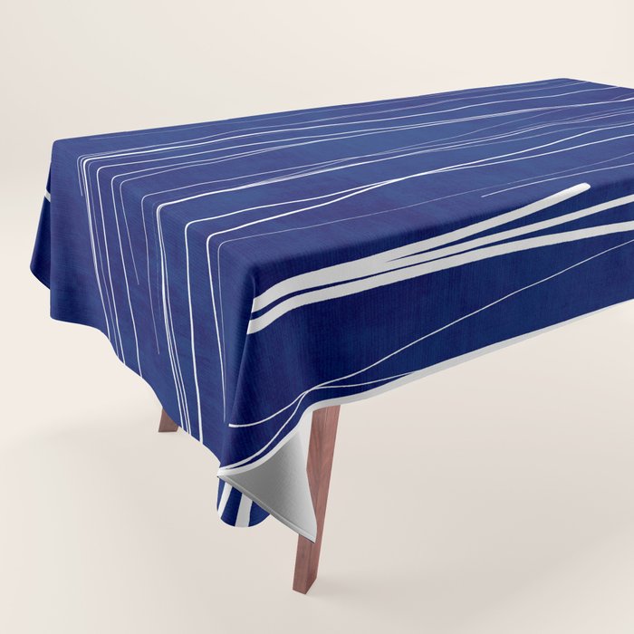 Deep Blue White Lines Minimalist Abstract  Tablecloth Gallery Image 1