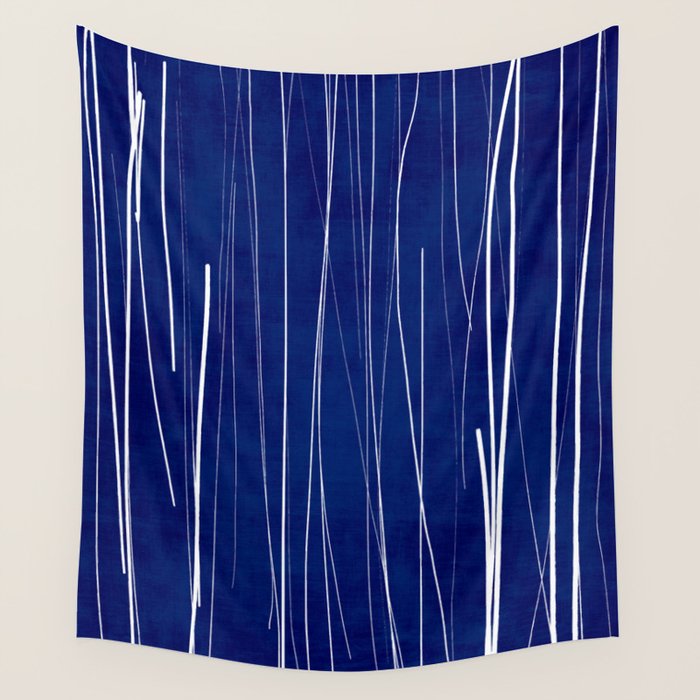 Deep Blue White Lines Minimalist Abstract  Wall Tapestry Gallery Image 4