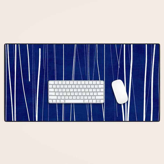 Deep Blue White Lines Minimalist Abstract  Desk Mat Gallery Image 1