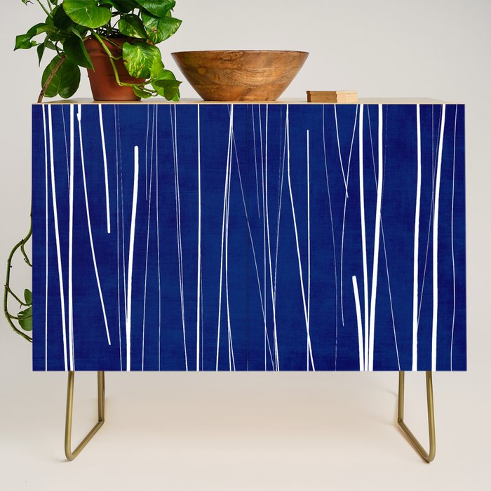 Deep Blue White Lines Minimalist Abstract  Credenza Gallery Image 1