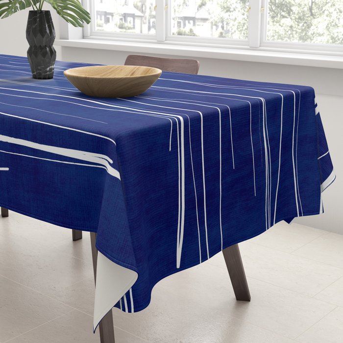 Deep Blue White Lines Minimalist Abstract  Tablecloth Gallery Image 3