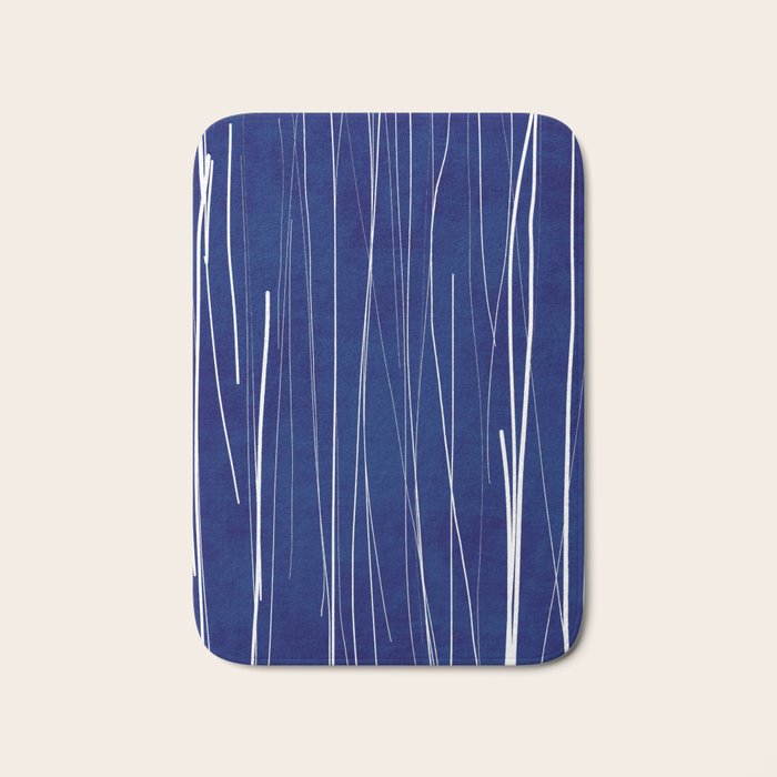 Deep Blue White Lines Minimalist Abstract  Bath Mat Gallery Image 1