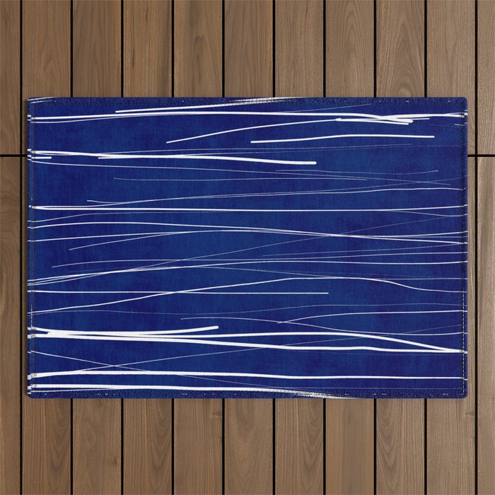 Deep Blue White Lines Minimalist Abstract  Outdoor Rug Gallery Image 1